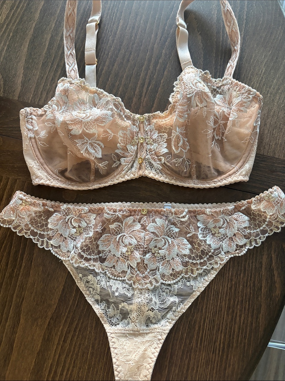 Aubade exquisite 80/65/30 F Lace Embroidered Balconette Bra & Bikini Set - Blush